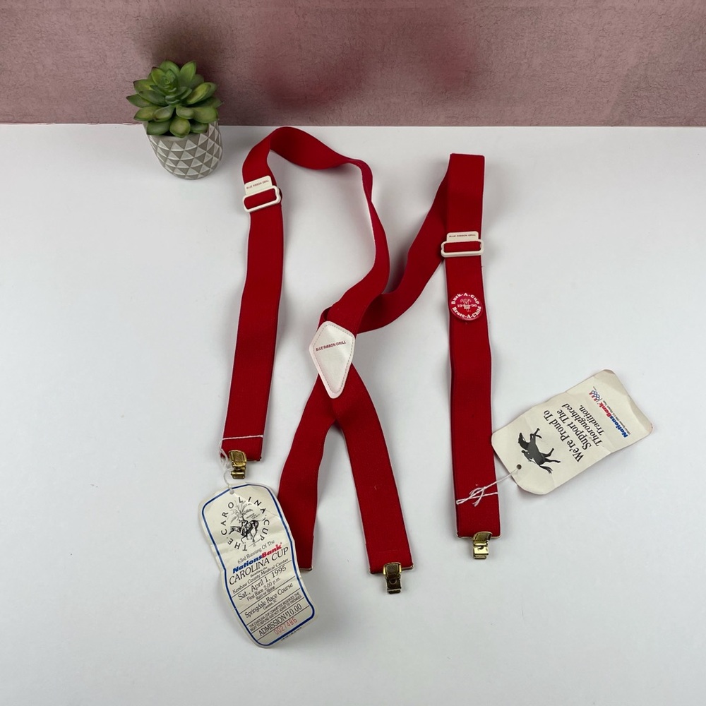 Vintage Suspenders Red White Blue Ribbon Grill Carolina Cup Horse Race 1995